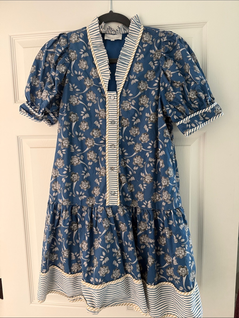 entro Blue Floral Mini Dress with Striped Trim